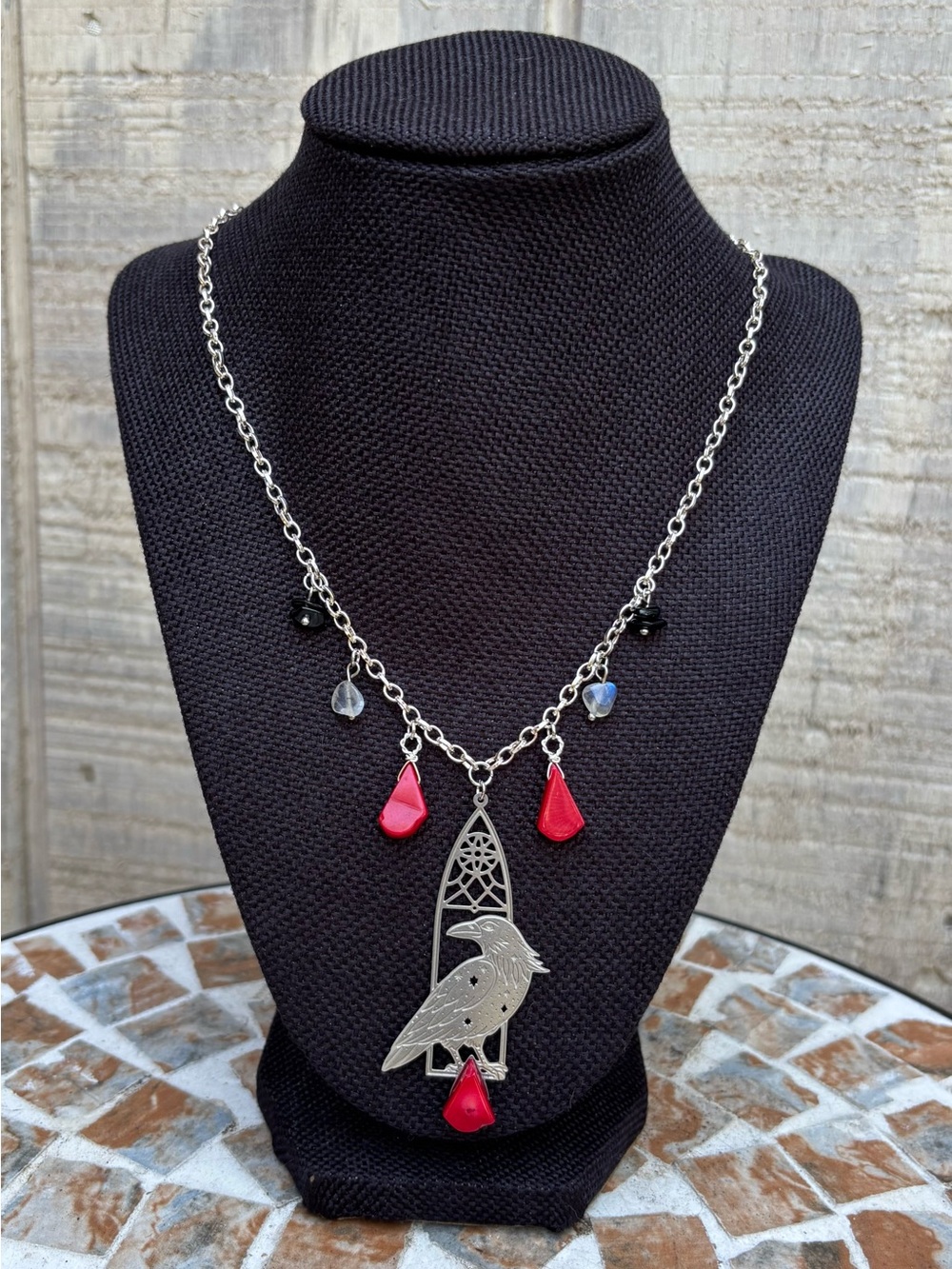 🐦‍⬛🩸Onyx Moonstone Coral Poe Raven Necklace